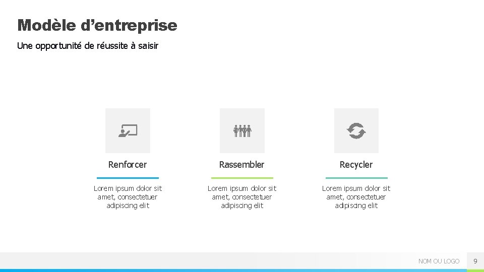 Modèle d’entreprise Une opportunité de réussite à saisir Renforcer Rassembler Recycler Lorem ipsum dolor