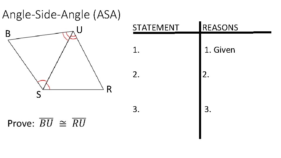 Angle-Side-Angle (ASA) U B S STATEMENT REASONS 1. Given 2. 3. R 