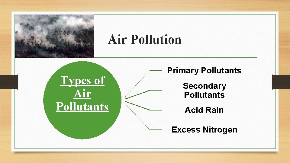 Air Pollution Types of Air Pollutants Primary Pollutants Secondary Pollutants Acid Rain Excess Nitrogen