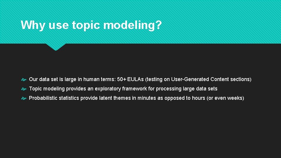 Why use topic modeling? Our data set is large in human terms: 50+ EULAs