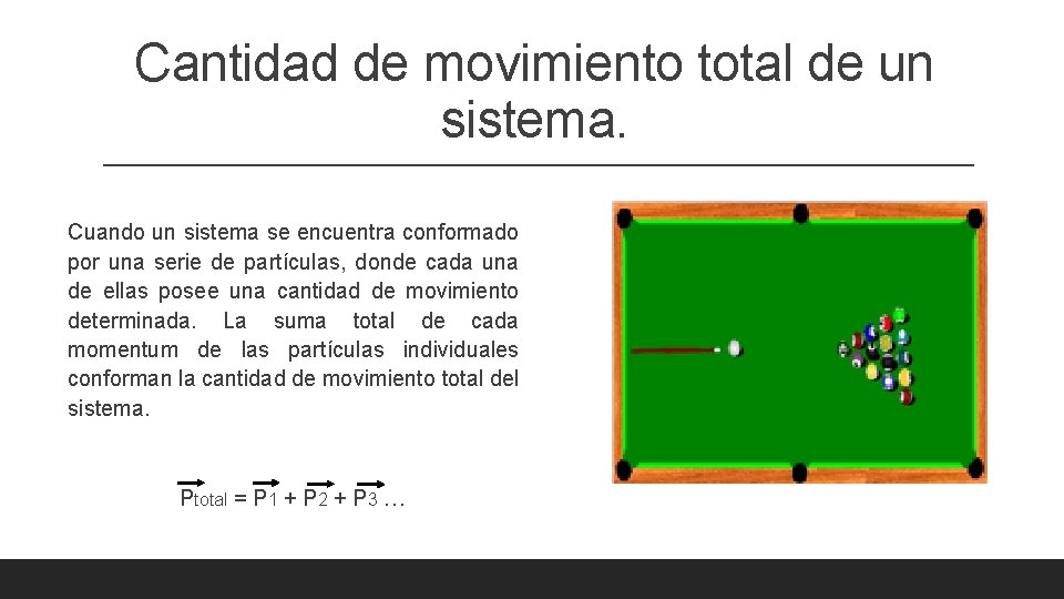 Cantidad de movimiento total de un sistema. Cuando un sistema se encuentra conformado por