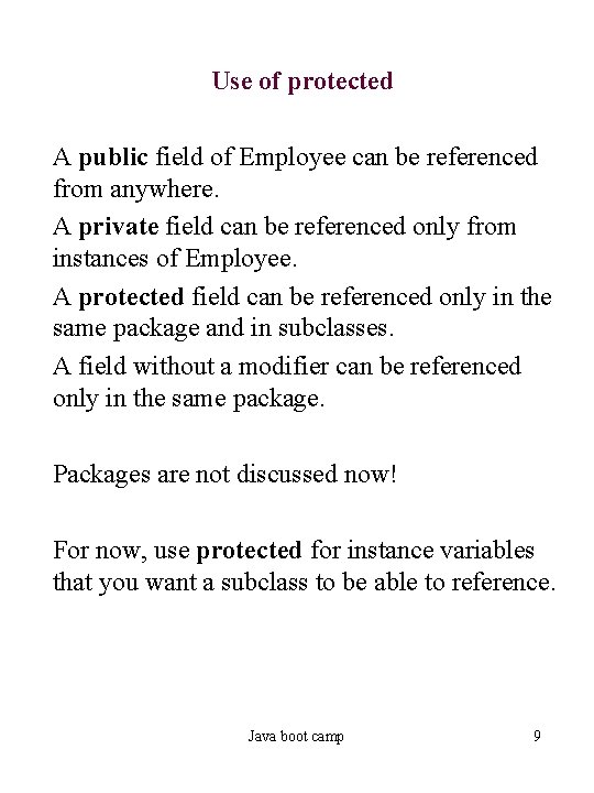Use of protected A public field of Employee can be referenced from anywhere. A