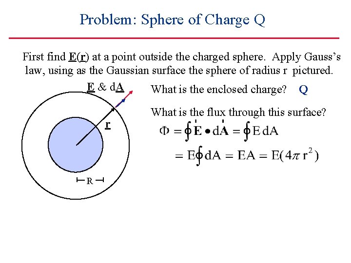 Problem: Sphere of Charge Q First find E(r) at a point outside the charged