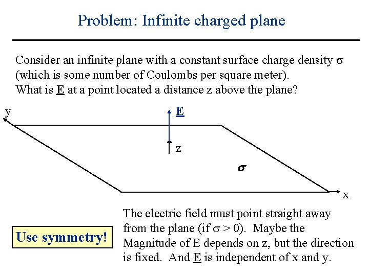 Problem: Infinite charged plane Consider an infinite plane with a constant surface charge density