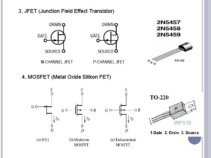 3, JFET (Junction Field Effect Transistor) 4, MOSFET (Metal Oxide Silikon FET) IRF 510