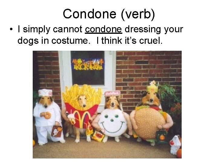 Condone (verb) • I simply cannot condone dressing your dogs in costume. I think