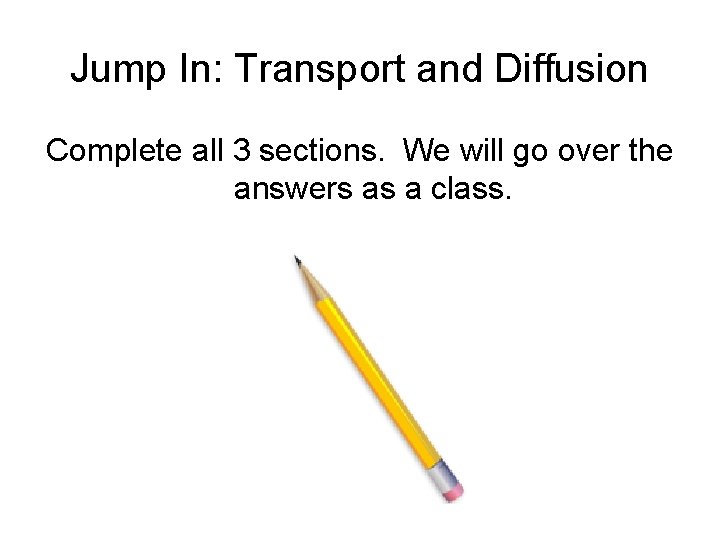 Jump In: Transport and Diffusion Complete all 3 sections. We will go over the