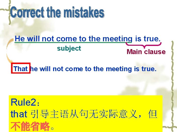 He will not come to the meeting is true. subject Main clause That he