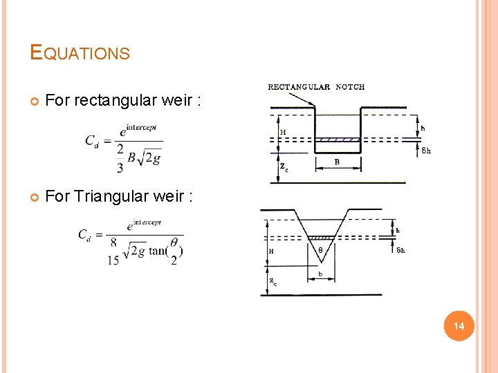 EQUATIONS For rectangular weir : For Triangular weir : 14 EQUATIONS For rectangular weir : For Triangular weir : 14