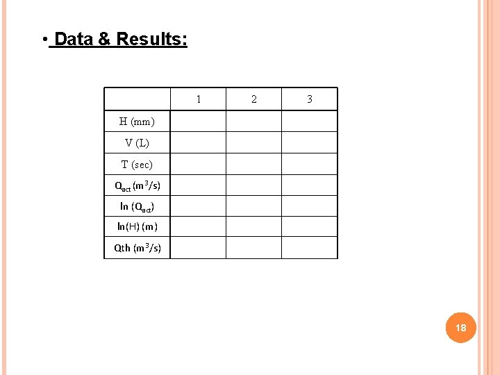 • Data & Results: 1 2 3 H (mm) V (L) T (sec) • Data & Results: 1 2 3 H (mm) V (L) T (sec)