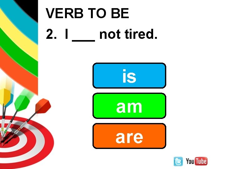 VERB TO BE 2. I ___ not tired. is am are 