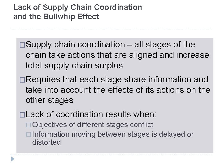 Lack of Supply Chain Coordination and the Bullwhip Effect �Supply chain coordination – all