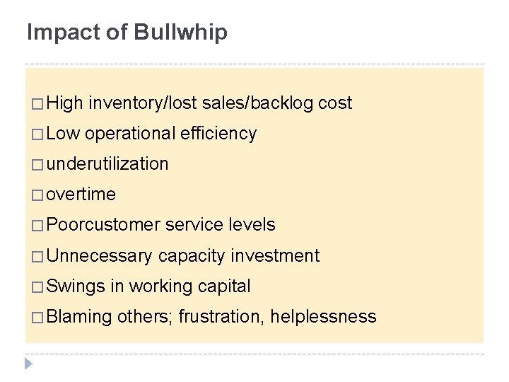 Impact of Bullwhip � High inventory/lost sales/backlog cost � Low operational efficiency � underutilization