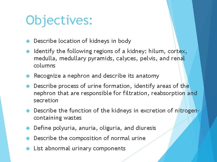 Objectives: Describe location of kidneys in body Identify the following regions of a kidney: