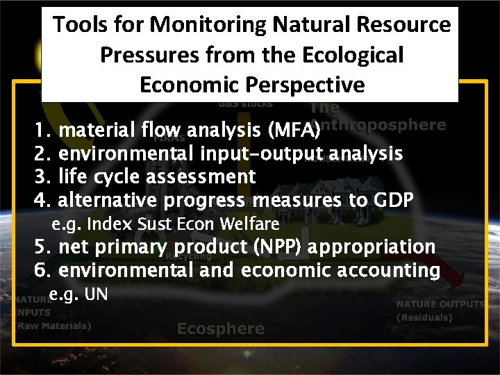 Tools for Monitoring Natural Resource Pressures from the Ecological Economic Perspective 1. 2. 3.