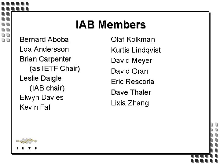 IAB Members Bernard Aboba Loa Andersson Brian Carpenter (as IETF Chair) Leslie Daigle (IAB