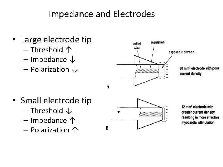 Impedance and Electrodes • Large electrode tip – Threshold ↑ – Impedance ↓ –