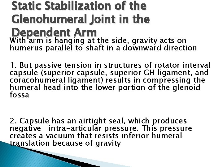 Static Stabilization of the Glenohumeral Joint in the Dependent Arm With arm is hanging