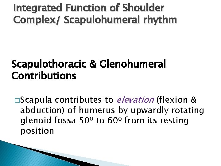 Integrated Function of Shoulder Complex/ Scapulohumeral rhythm Scapulothoracic & Glenohumeral Contributions contributes to elevation
