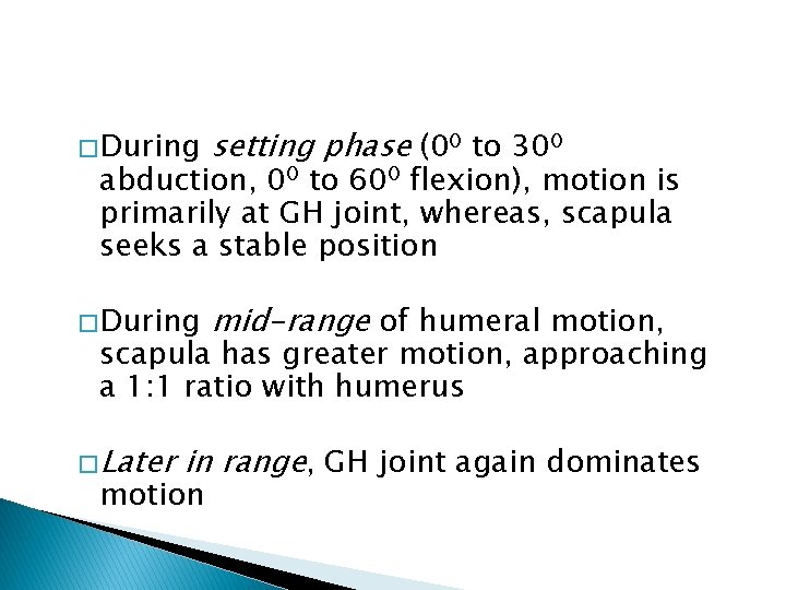� During setting phase (00 to 300 � During mid-range of humeral motion, abduction,