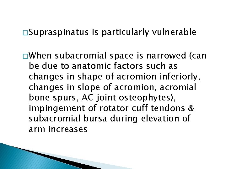 � Supraspinatus � When is particularly vulnerable subacromial space is narrowed (can be due
