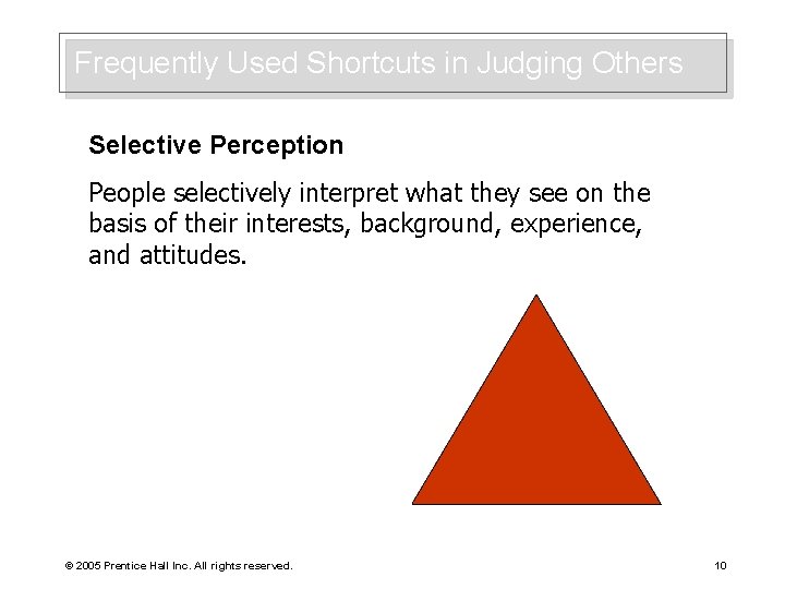 Frequently Used Shortcuts in Judging Others Selective Perception People selectively interpret what they see