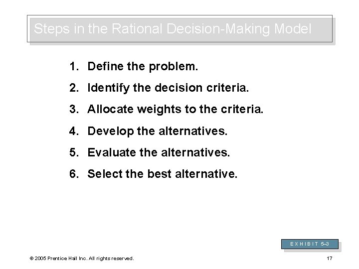 Steps in the Rational Decision-Making Model 1. Define the problem. 2. Identify the decision