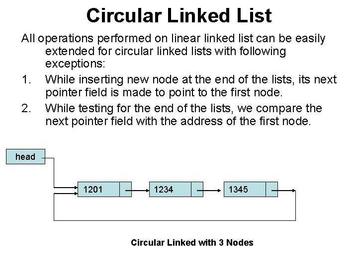 Circular Linked List All operations performed on linear linked list can be easily extended