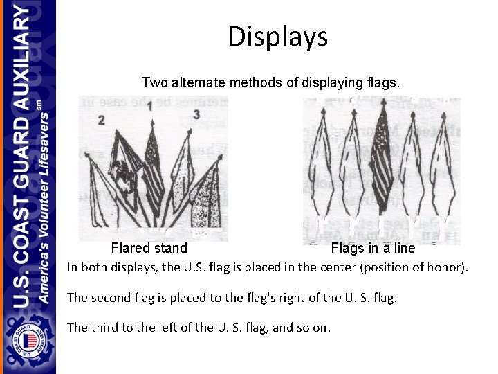Displays Two alternate methods of displaying flags. Flared stand Flags in a line In
