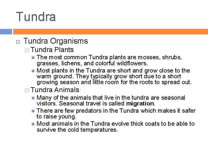 Tundra Organisms � Tundra Plants The most common Tundra plants are mosses, shrubs, grasses,