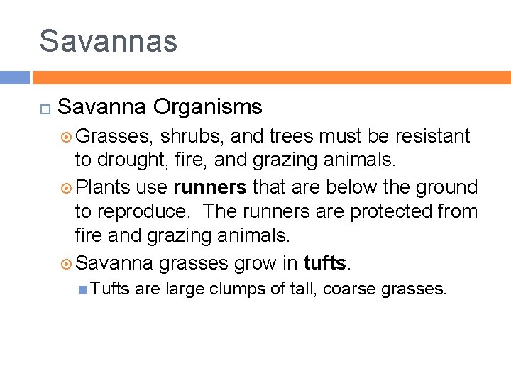 Savannas Savanna Organisms Grasses, shrubs, and trees must be resistant to drought, fire, and