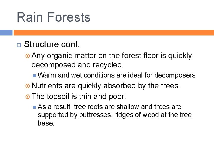 Rain Forests Structure cont. Any organic matter on the forest floor is quickly decomposed