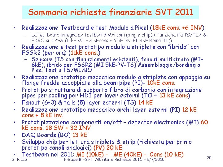 Sommario richieste finanziarie SVT 2011 • Realizzazione Testboard e test Modulo a Pixel (18