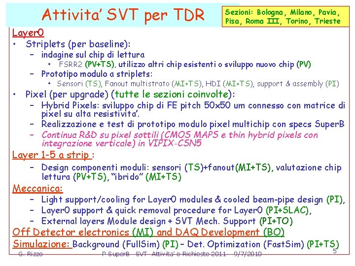 Attivita’ SVT per TDR Layer 0 • Striplets (per baseline): Sezioni: Bologna, Milano, Pavia,