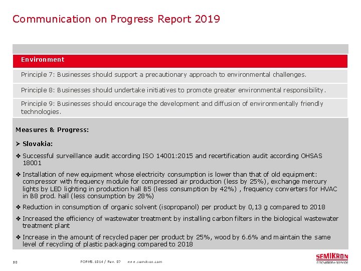 Communication on Progress Report 2019 Environment Principle 7: Businesses should support a precautionary approach