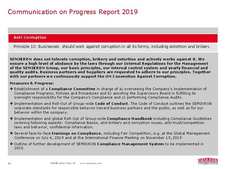 Communication on Progress Report 2019 Anti-Corruption Principle 10: Businesses should work against corruption in