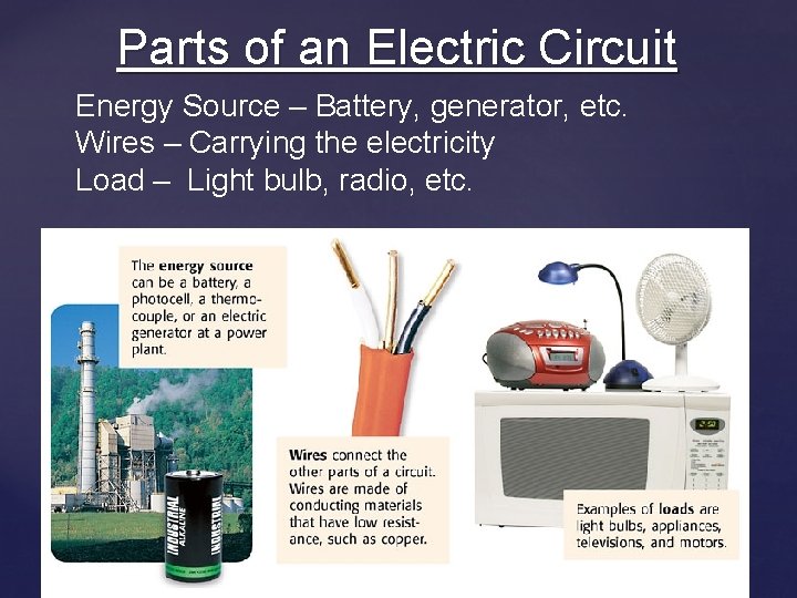 Parts of an Electric Circuit Energy Source – Battery, generator, etc. Wires – Carrying