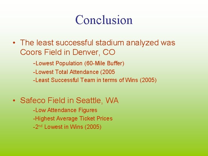 Conclusion • The least successful stadium analyzed was Coors Field in Denver, CO -Lowest