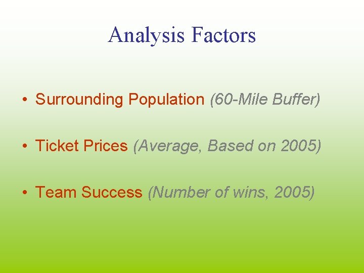 Analysis Factors • Surrounding Population (60 -Mile Buffer) • Ticket Prices (Average, Based on