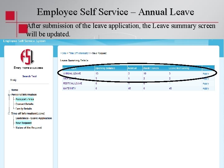 Employee Self Service – Annual Leave After submission of the leave application, the Leave