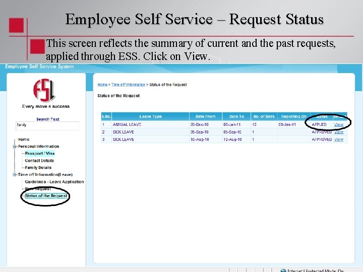 Employee Self Service – Request Status This screen reflects the summary of current and