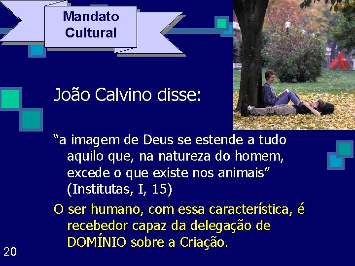 Mandato Cultural João Calvino disse: 20 “a imagem de Deus se estende a tudo