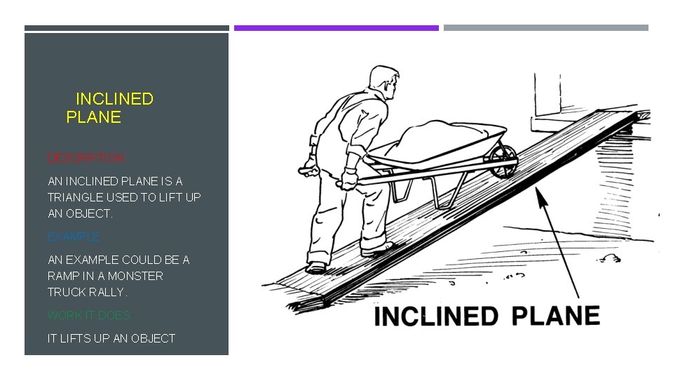 INCLINED PLANE DESCRIPTION AN INCLINED PLANE IS A TRIANGLE USED TO LIFT UP AN