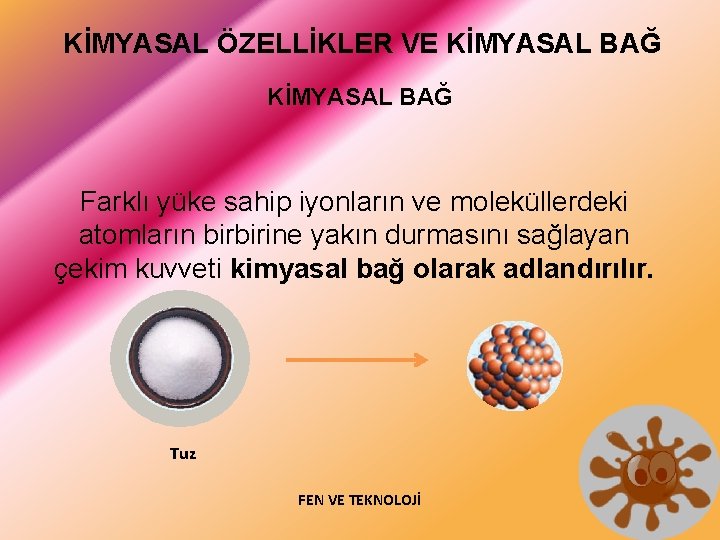 KİMYASAL ÖZELLİKLER VE KİMYASAL BAĞ Farklı yüke sahip iyonların ve moleküllerdeki atomların birbirine yakın