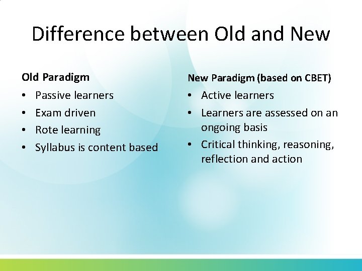Difference between Old and New Old Paradigm • • Passive learners Exam driven Rote