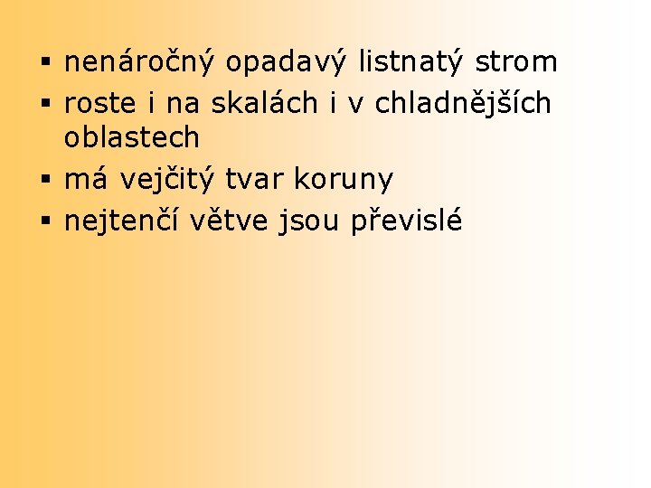 § nenáročný opadavý listnatý strom § roste i na skalách i v chladnějších oblastech