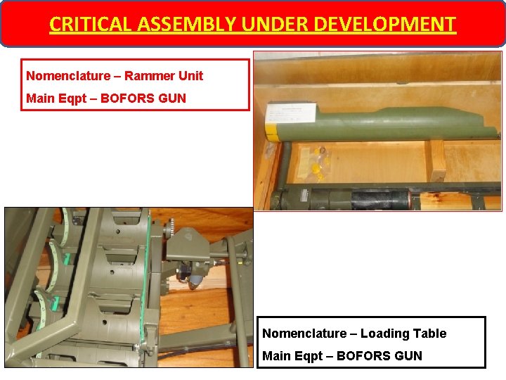 CRITICAL ASSEMBLY UNDER DEVELOPMENT Nomenclature – Rammer Unit Main Eqpt – BOFORS GUN Nomenclature