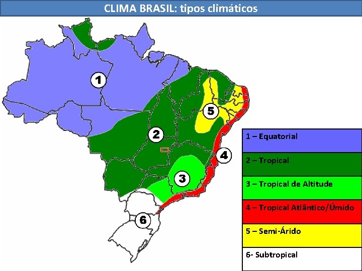 CLIMA BRASIL: tipos climáticos 1 – Equatorial 2 – Tropical 3 – Tropical de