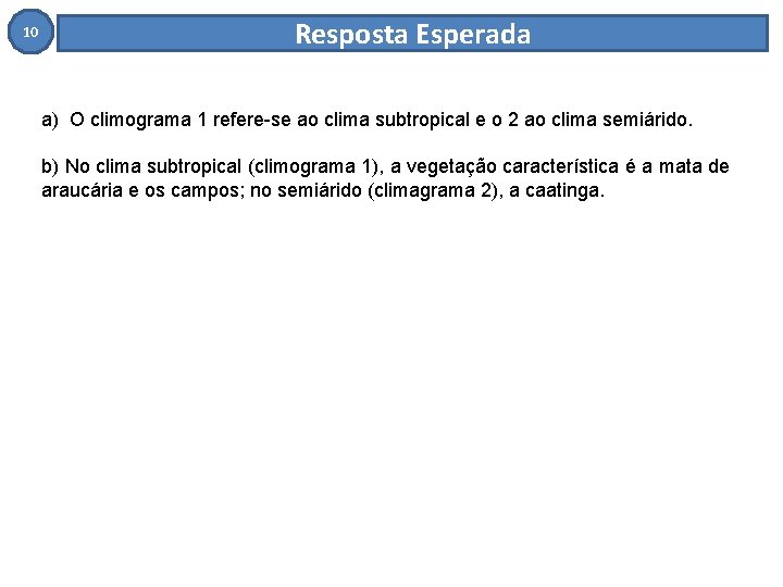 10 Resposta Esperada a) O climograma 1 refere-se ao clima subtropical e o 2
