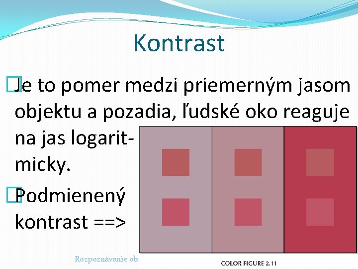 Kontrast �Je to pomer medzi priemerným jasom objektu a pozadia, ľudské oko reaguje na